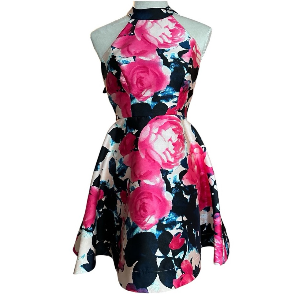 B. Darlin Fit & Flare High Neck Floral Formal Dress, EUC, 3/4